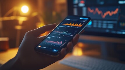 Wall Mural - A hand interacts with a smartphone screen showing live stock market data, while a computer monitor in the background presents additional market analysis