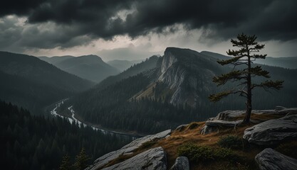 Wall Mural - Mysterious Mountain Landscape at Dusk