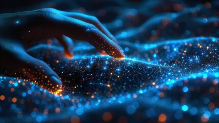 Finger touching a digital, glowing connection on a dark blue background, a technology and business concept with a hand holding a virtual polygon mesh line network for global online communication. 