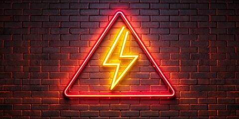 red and yellow neon lightning bolt warning sign on brick wall, neon sign, brick wall, lightning bolt