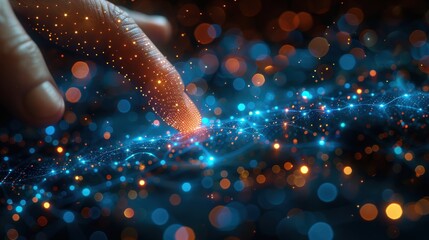 Finger touching a digital, glowing connection on a dark blue background, a technology and business concept with a hand holding a virtual polygon mesh line network for global online communication. 