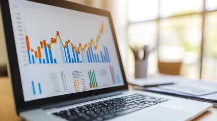 Fototapete - A laptop screen showing a gold price chart with a fluctuating curve, accompanied by notes and financial reports on a workspace desk