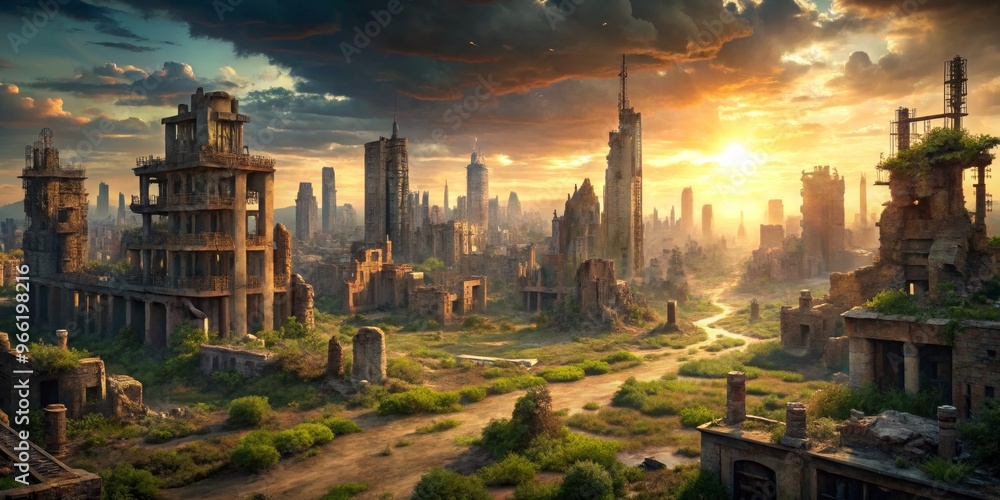 Ruined Cityscape Sunset Over a Post-Apocalyptic Metropolis, Digital ...