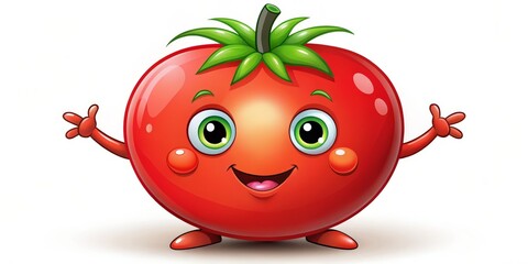 Smiling Tomato Cartoon Character, Digital Illustration, White Background, Tomato, Cartoon, Fruit, Vegetable