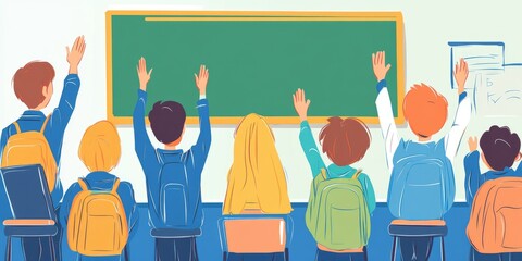 Students raising hands in a school classroom during an engaging lesson in the morning