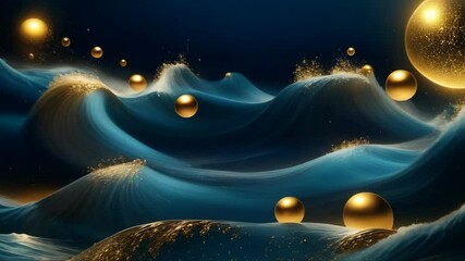 Wall Mural - Blue waves with golden spheres