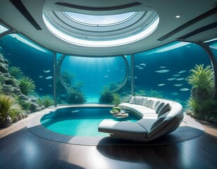 A futuristic underwater living room with a pool and a couch. The room is lit by a skylight and has a unique and stylish design.