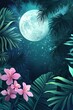 © Oksana - Vibrant pink flowers and jungle leaves under full moon.