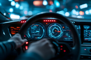  a futuristic car dashboard with digital interfaces, showing the speedometer and navigation system, with a hand on the steering wheel