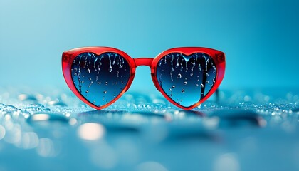 Heart-shaped sunglasses with a drip effect against a vibrant blue backdrop for a minimalistic Valentines Day design perfect for posters and promotions