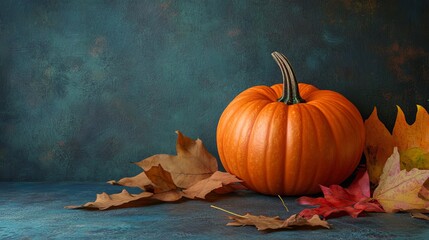 Wall Mural - Thanksgiving or Halloween Still Life Arrangement with Pumpkin and Leaves 