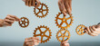 © InfiniteFlow - Panorama banner of business team join cogwheel in circular symbolize successful group of business partnership and strong collective teamwork unity in workplace with productive efficiency. Shrewd