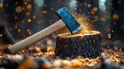 An axe striking a tree stump with wood chips flying in the air.