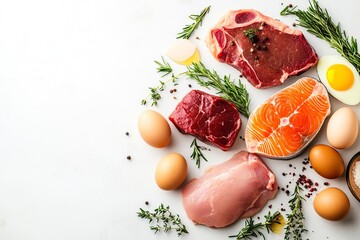 Various natural food, high animal protein sources pork, beef meat steaks, chicken breast fillet, eggs, salmon fish on white table background.