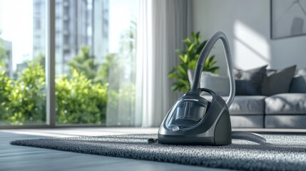 A modern vacuum cleaner in a sleek design, parked upright in a tidy living room with a clean carpet, symbolizing efficiency and cleanliness.