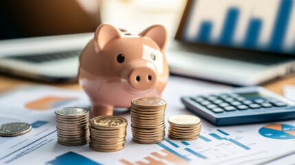 Poster - A neatly arranged desk with a piggy bank, stacks of coins, and a calculator, set against a backdrop of financial documents and a laptop.