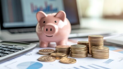 Poster - A neatly arranged desk with a piggy bank, stacks of coins, and a calculator, set against a backdrop of financial documents and a laptop.