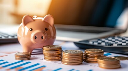 Poster - A neatly arranged desk with a piggy bank, stacks of coins, and a calculator, set against a backdrop of financial documents and a laptop.