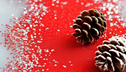 two cones on a red and white background with glitter. copy space