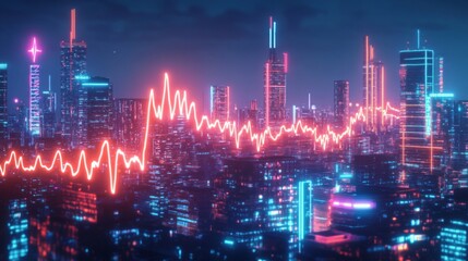 Aufkleber - A night cityscape with neon lights forming the shape of EKG waves, symbolizing the pulse of urban life and the rhythm of the city.