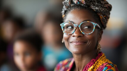 A woman with a joyful smile dons a vibrant patterned headscarf and colorful funky glasses, exuding positivity and individuality amid a softly blurred background.