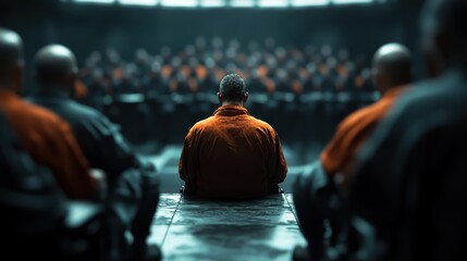 A narrative-driven image showing a group of prisoners from the back, with focus on a lone inmate in an orange suit, symbolizing isolation and conformity in a large crowd.