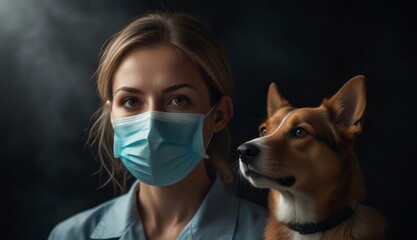 Woman and Dog in Protective Masks