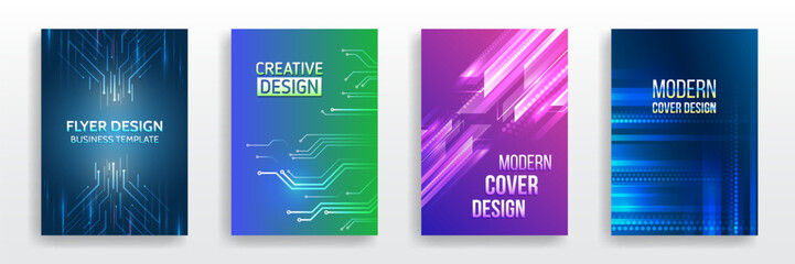 Sticker - Page layout set for sci-fi. Set of high-tech covers for marketing. Modern technology design for posters. Futuristic background for flyer, brochure. Scientific cover template for presentation, banner.