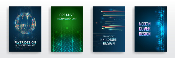 Fototapete - Modern technology design for posters. Futuristic background for flyer, brochure. Scientific cover template for presentation, banner. Page layout set for sci-fi. Set of high-tech covers for marketing.