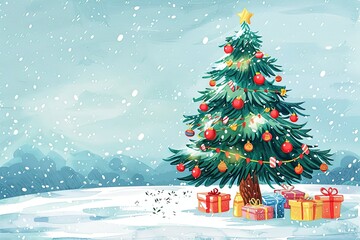 Wall Mural - Christmas card illustration with a decorated Christmas tree, snow falling, and presents underneath