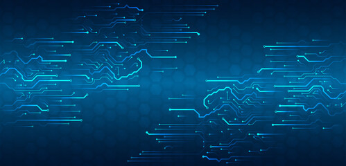 Poster - Abstract blue futuristic background consisting of printed circuit board hexagons and other technological elements. Digital communication, data protection, high tech presentation, science cover.