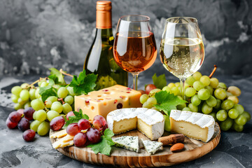 Wall Mural - Glasses and bottle of white wine among cheese and grapes