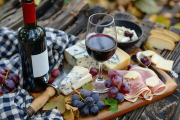 Canvas Print - Red wine in a glass on the table next to the appetizers (grapes, cheese and nuts)