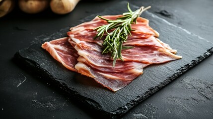 A close-up of thinly sliced Jamon Iberico, a Spanish cured ham, arranged on a rustic slate plate. The ham is beautifully marbled and the bright green rosemary sprigs add a touch of freshness. This ima