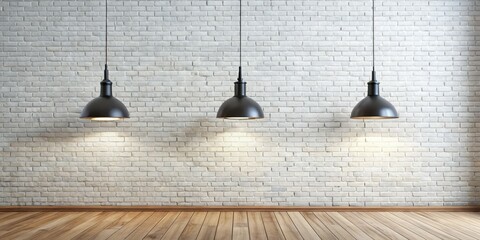 White Brick Wall with Three Black Pendant Lights, 3D Render, Minimalism, Interior Design, Brick Wall, Pendant Light, Minimalist