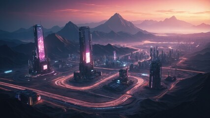 Wall Mural - Futuristic neon cityscape wallpaper on background of setting sun