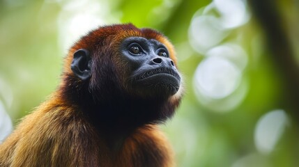 A close-up portrait of a Howler Monkey in its natural rainforest habitat. The monkey's fur is a rich, reddish-brown color, and its eyes are large and expressive. The image is taken from a low angle, g