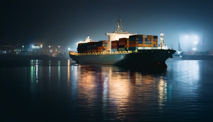 Container ship preparing to leave port late at night