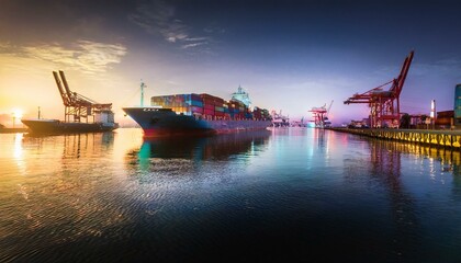 Container ship preparing to leave port late at night