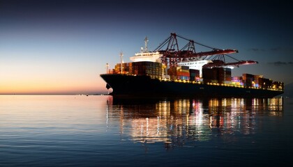 Container ship preparing to leave port late at night