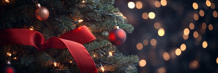 Wall Mural - A close-up shot of a Christmas tree adorned with a vibrant red ribbon, showcasing the festive spirit of the season. The warm glow of string lights adds a touch of magic, while the blurred background o