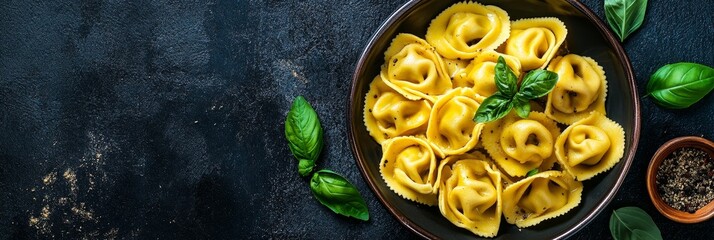 A close-up shot of a plate of tortellini pasta, garnished with fresh basil leaves and black pepper. The tortellini is arranged in a visually appealing pattern, and the dark background highlights the b