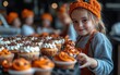 © AZ Studio - A young child wearing an orange hat proudly holds a tray of decorated cupcakes in a cozy bakery during an autumn event