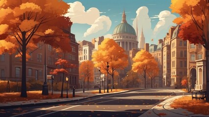 Wall Mural - Wonderful illustration in autumn colors of old street