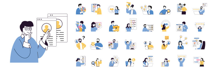 Aufkleber - Recruitment concept mega set with character scenes in flat design for web. Bundle situations with people find staff, searching best cv online, interviewing candidates and hiring. Vector illustrations.