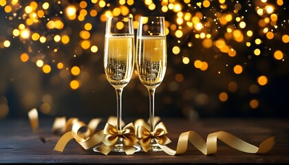 elegant champagne glasses adorned with golden bows amidst a sparkling festive backdrop, perfect for 