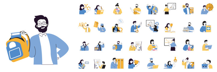 Fototapete - School learning concept mega set with character scenes in flat design for web. Bundle situations with people studying and teaching, reading books, answering at lessons and tests. Vector illustrations.