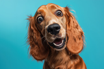 A portrait of an Irish Setter dog with a surprised and happy expression on face looking at camera over blue background.