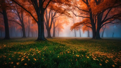 Wall Mural - Romantic wallpaper of falling leaves with autumn trees in the morning