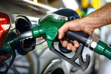 A man holds green fuel nozzle into the gas tank of a car at the gas station A man holds green fuel nozzle into the gas tank of a car at the gas station